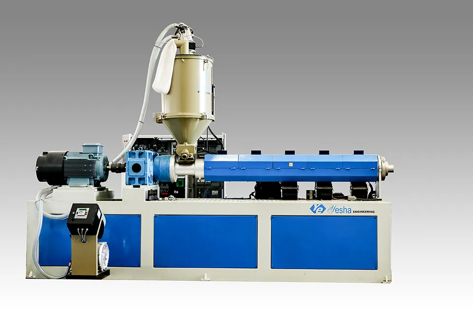 Yesha single-screw extruder with hopper dryer and blue heater covers